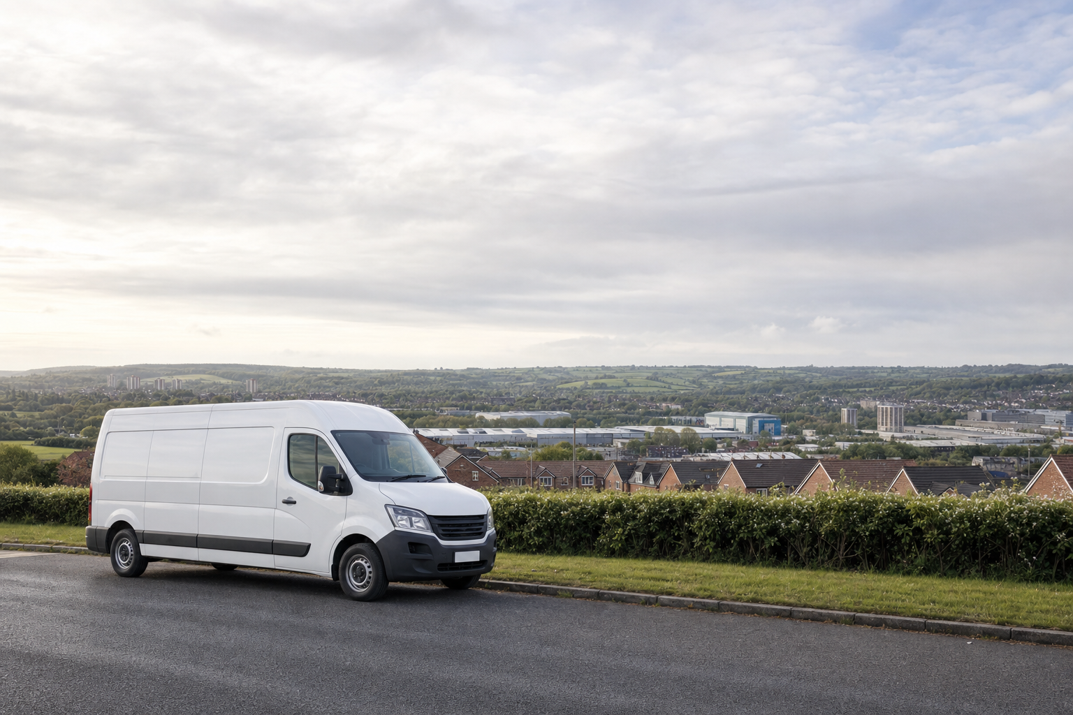 White van parked on a quiet road with a scenic view of fields and city buildings in the background.