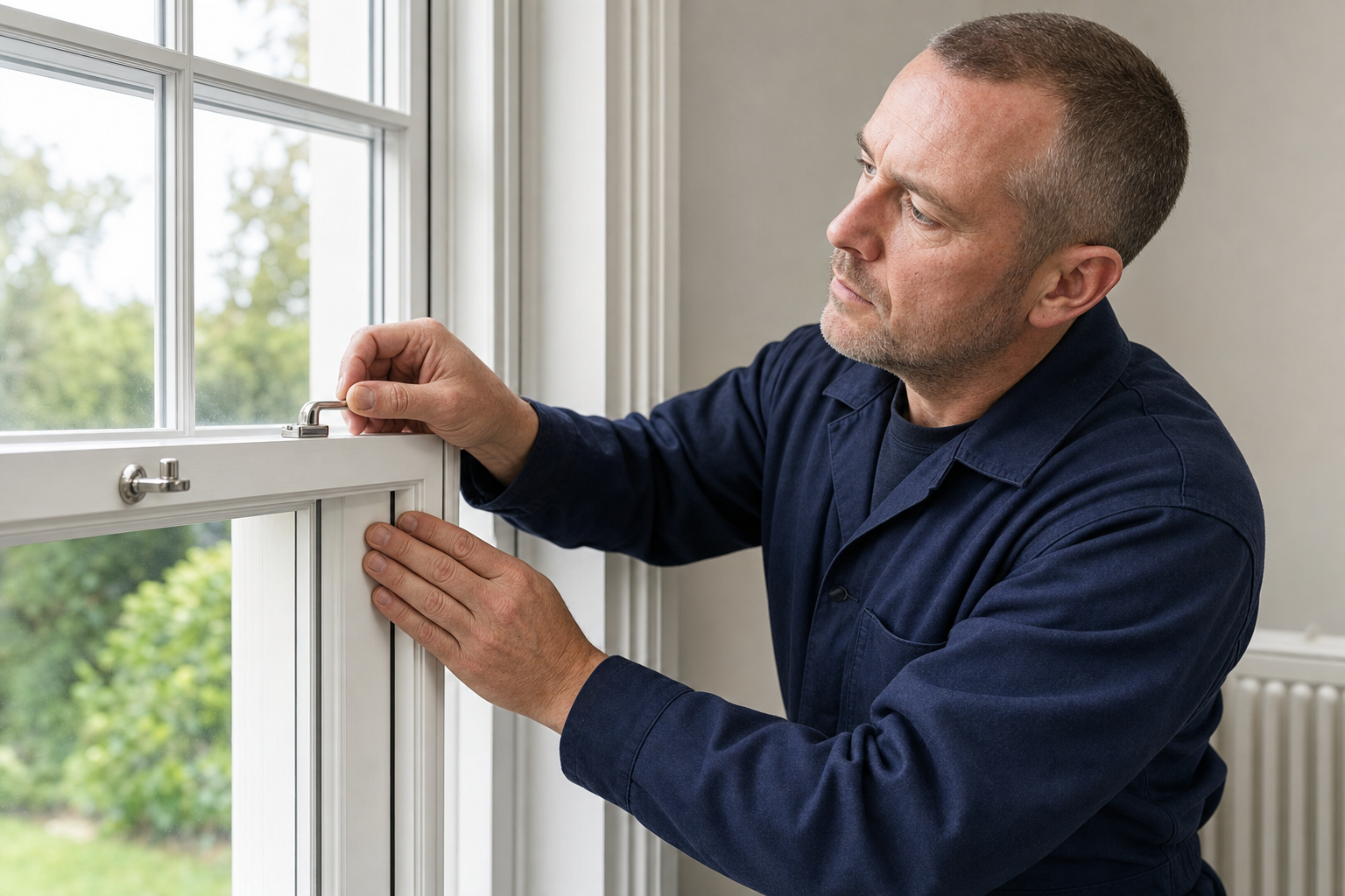 A man in a blue uniform adjusts a window latch inside a house.