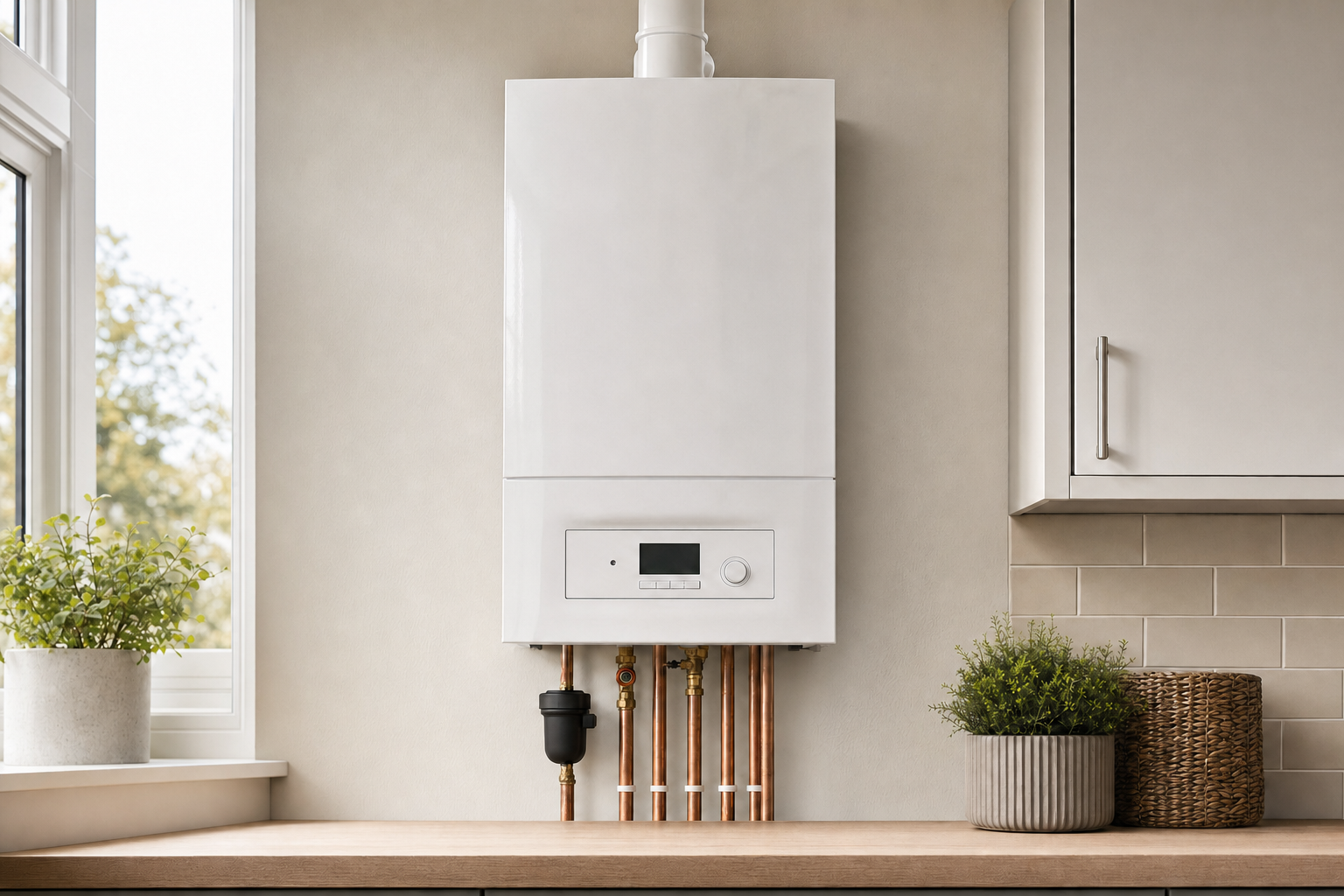 Modern white boiler mounted on a kitchen wall with copper pipes and potted plants nearby.