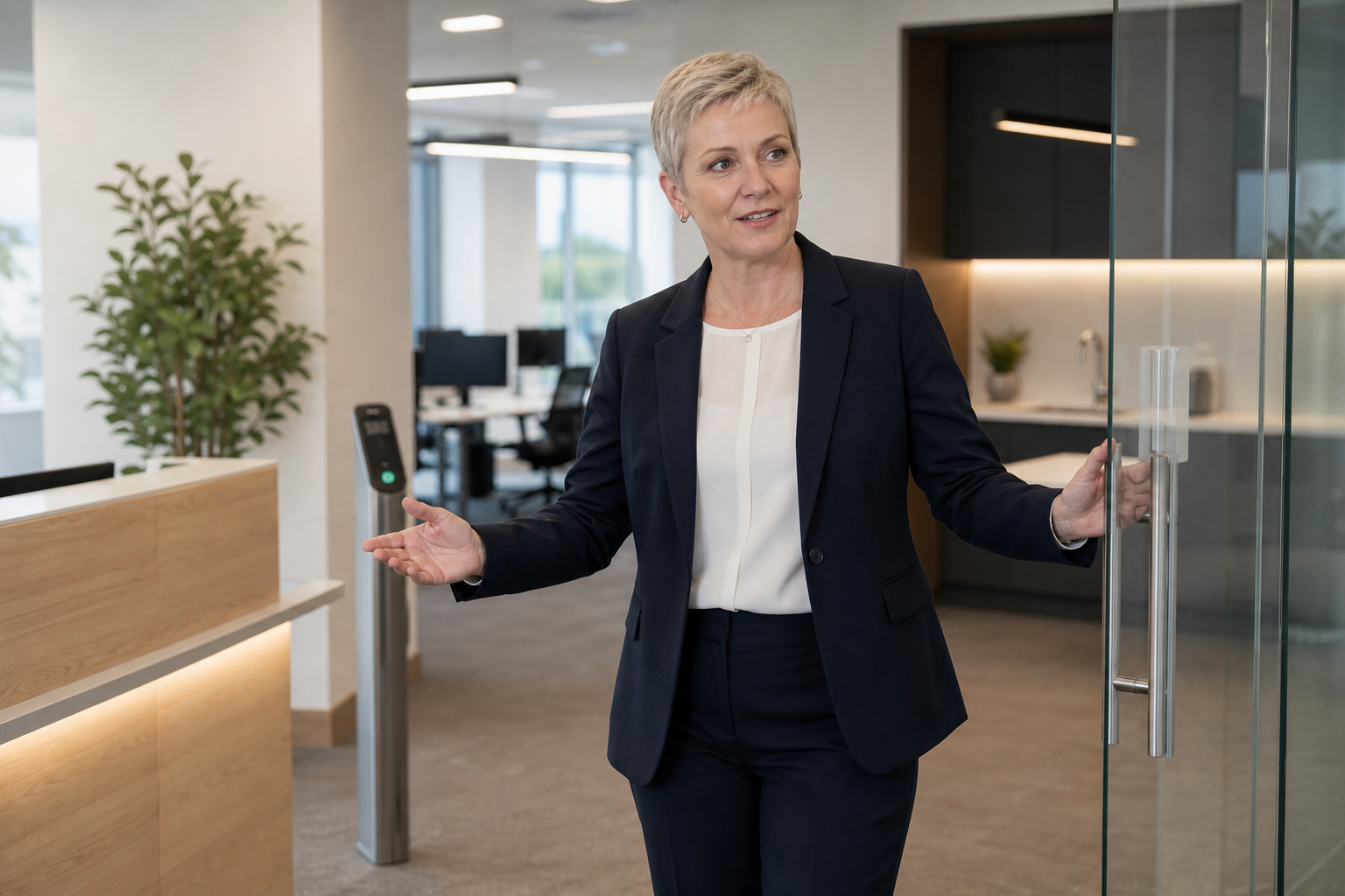 Woman in a business suit gestures while opening a glass door in a modern office setting.