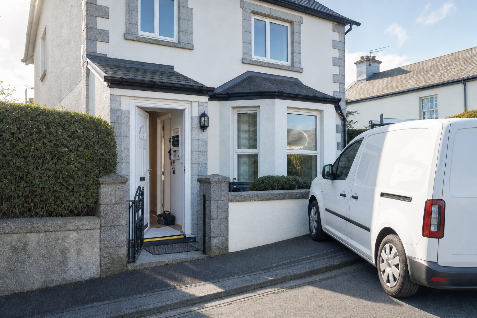 A white van parked on a driveway beside a semi-detached house with an open front door and a hedge.
