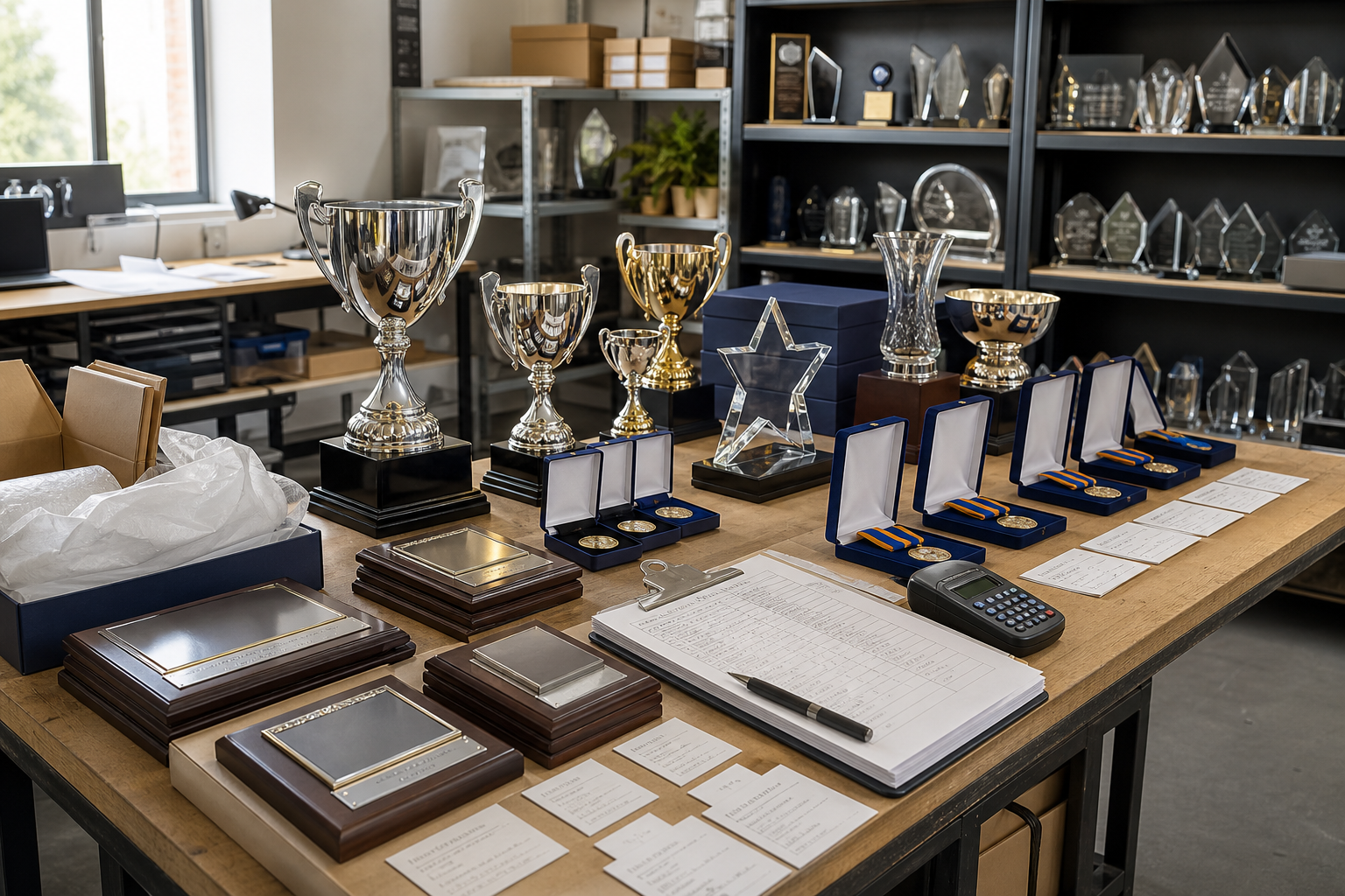 Trophies, plaques, and medals are displayed on a workshop table with a clipboard and calculator.