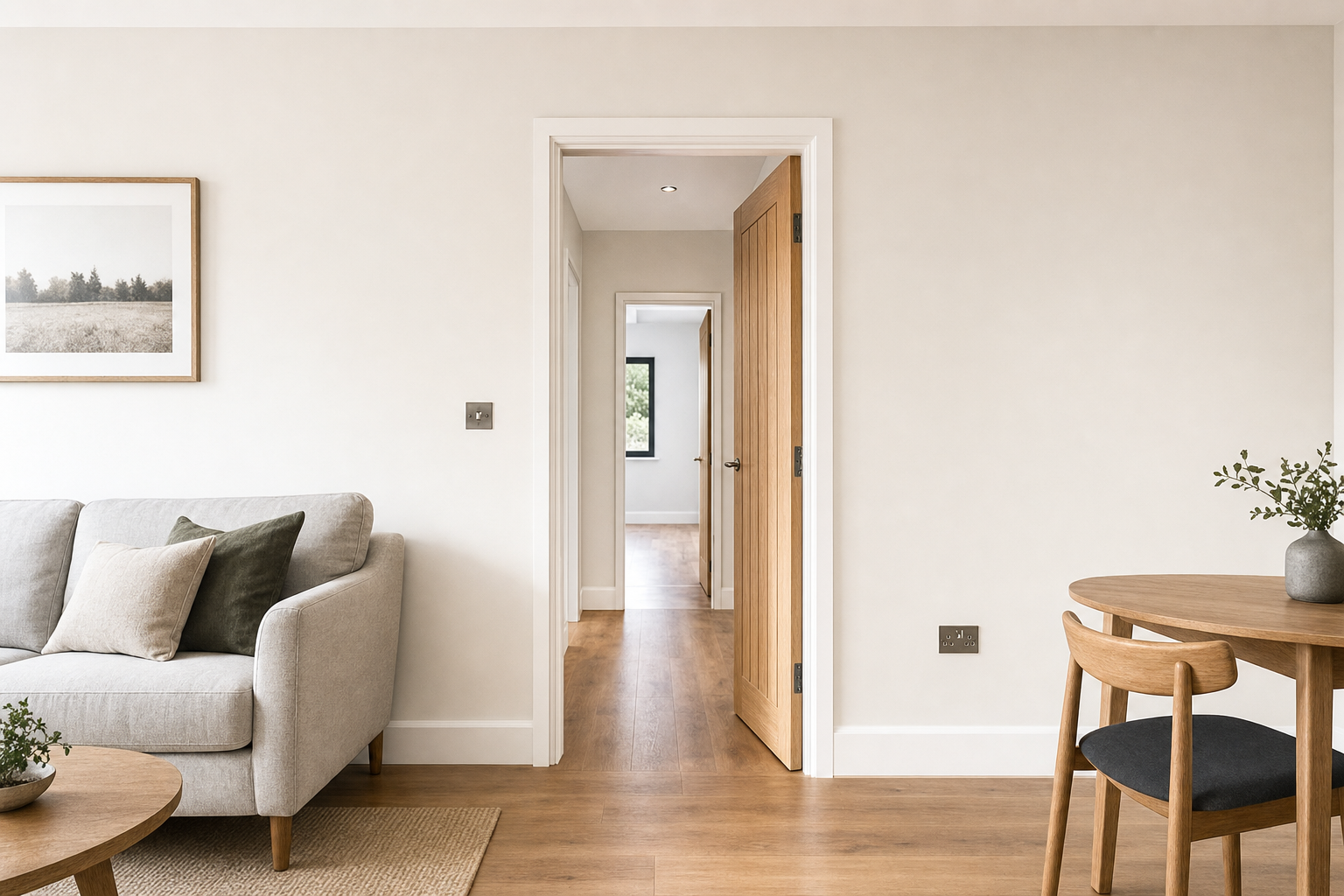Modern living room with a grey sofa, wooden dining table, and a view through an open door into a bright hallway.