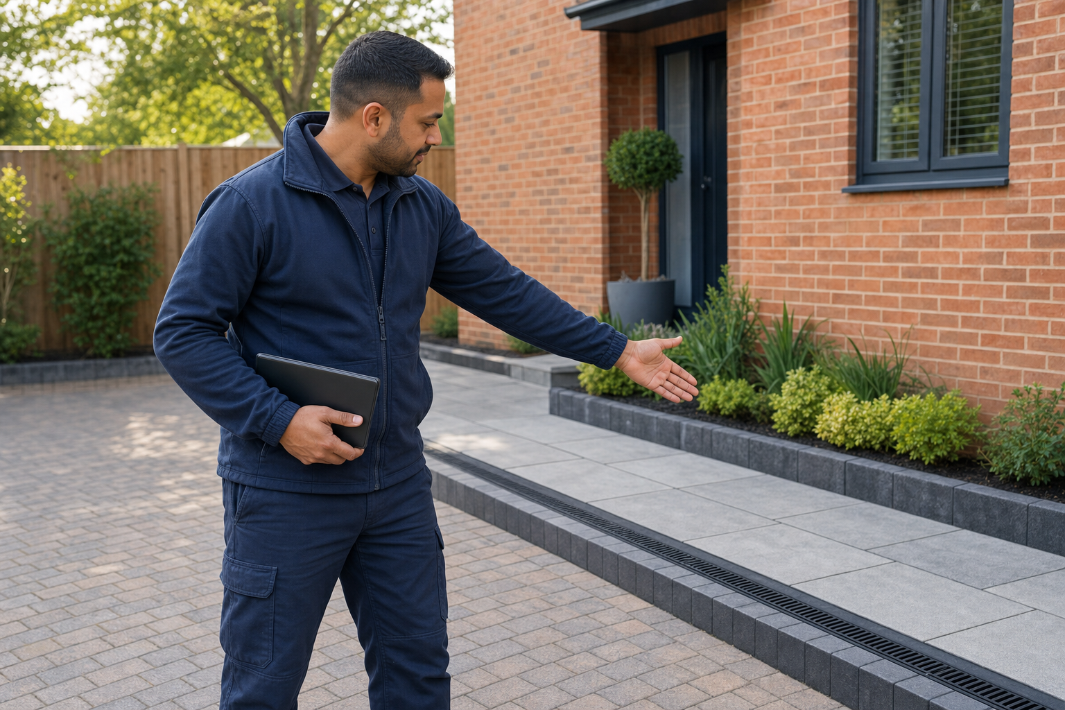 A man in a blue uniform gestures towards a landscaped garden in front of a brick house.