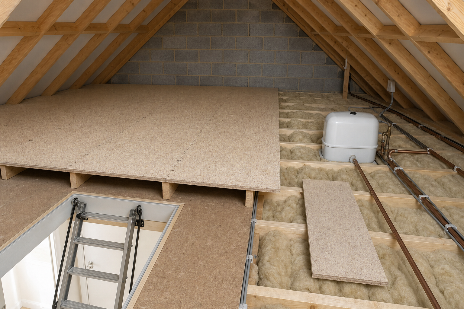 Unfinished loft space with exposed insulation and a ladder leading up from a hatch.