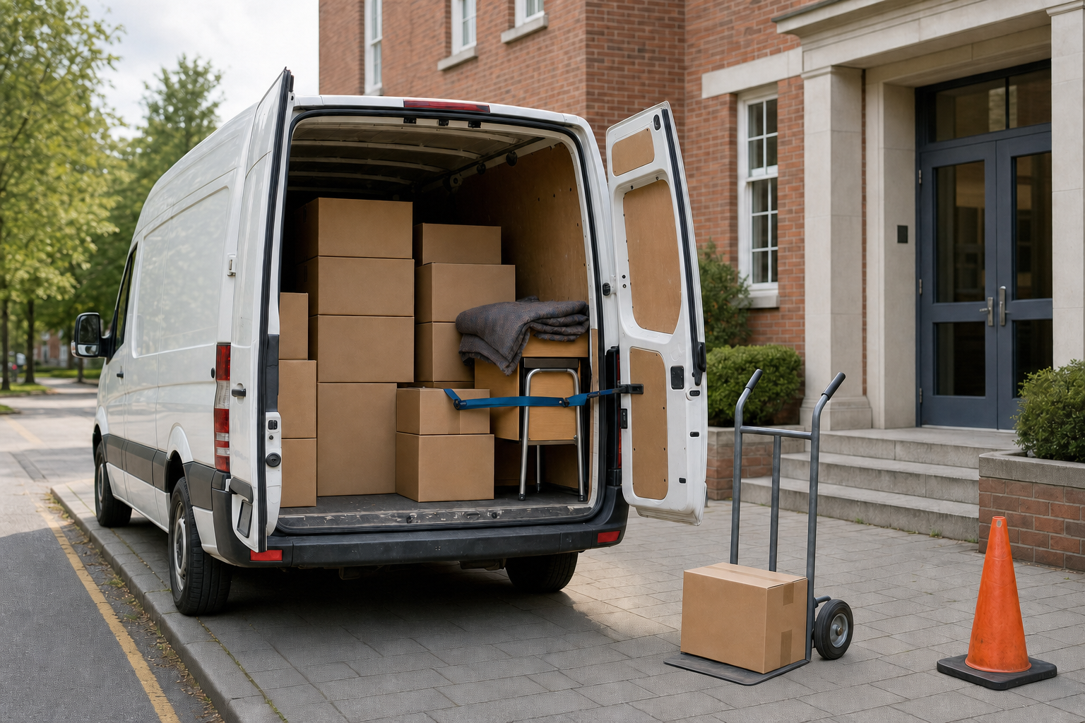 A white delivery van with open doors is parked outside a building, loaded with cardboard boxes and a hand truck nearby.