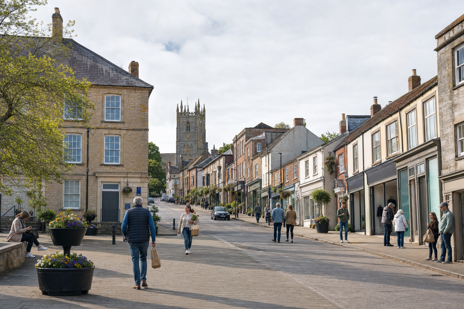 People walking and shopping on a quaint, historic British high street with a stone church tower in the background.