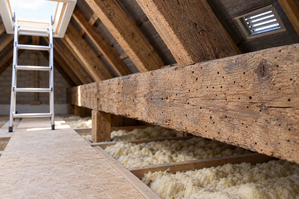 An attic space with exposed wooden beams, insulation, and a ladder leading to a skylight.