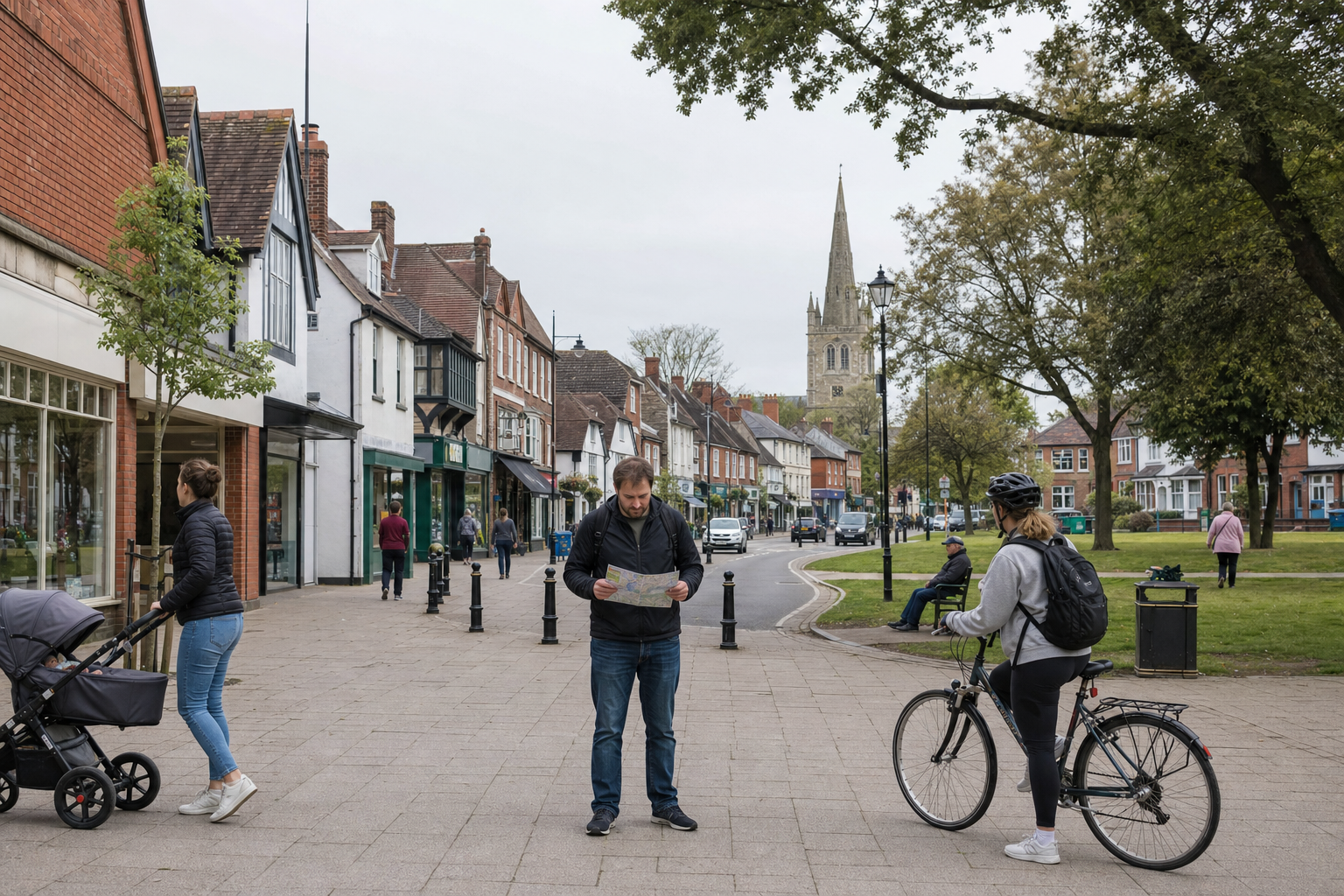 People strolling and cycling along a street with shops and a distant church spire.
