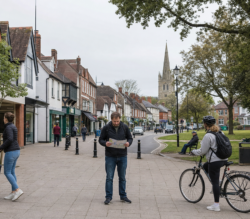 People strolling and cycling along a street with shops and a distant church spire.