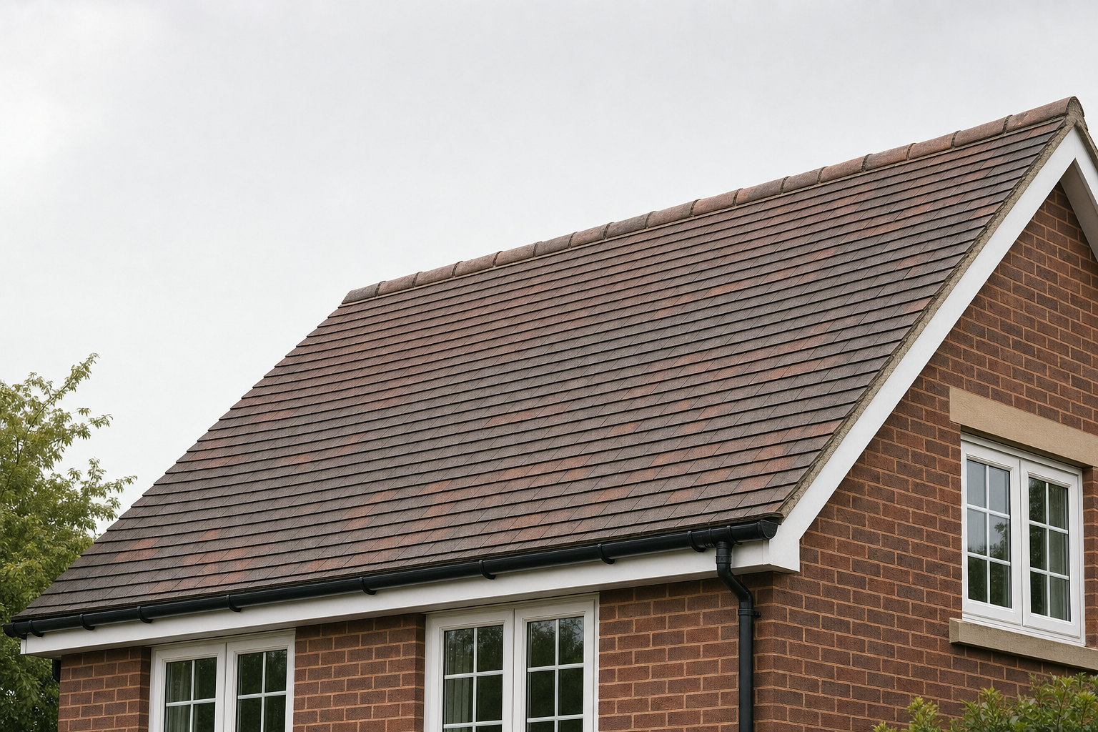 Red brick house with pitched roof, grey tiles, and white-framed windows against a cloudy sky.