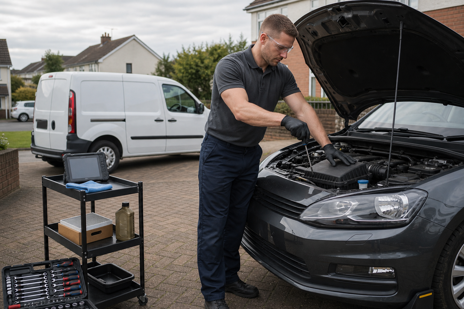 Mechanic in safety glasses and gloves working on a car engine in a driveway.
