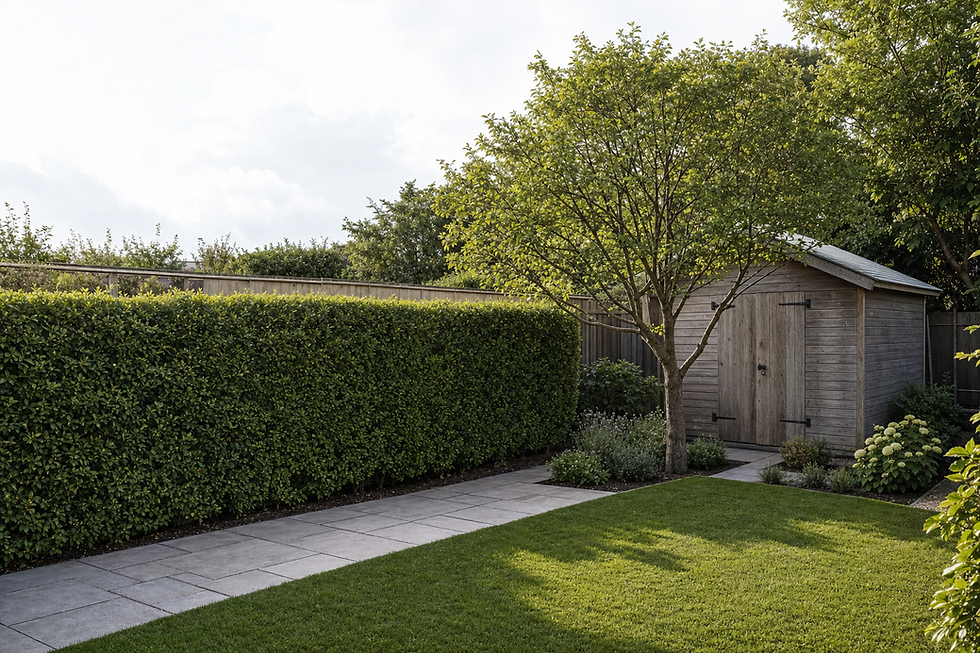 A wooden garden shed with a shingled roof is surrounded by lush greenery and a neatly trimmed hedge.