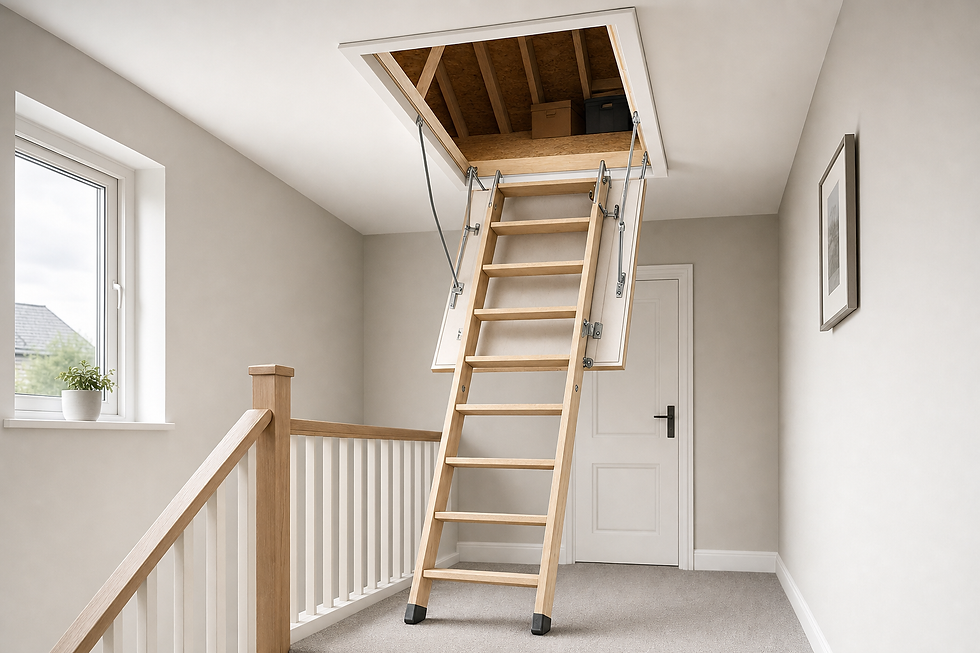 A wooden loft ladder extends from an attic hatch in a bright hallway with a window and framed picture.
