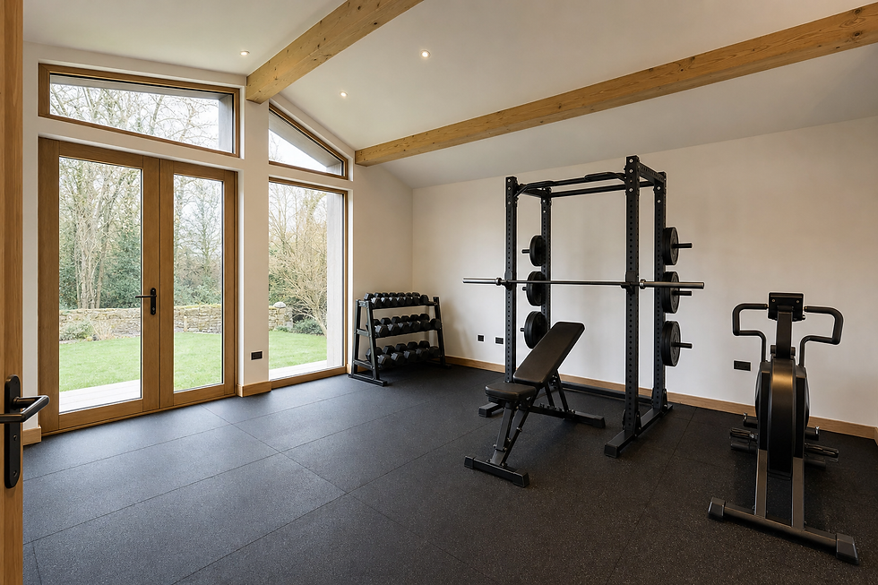 A home gym with weights, a bench, and exercise equipment, featuring large windows overlooking a garden.