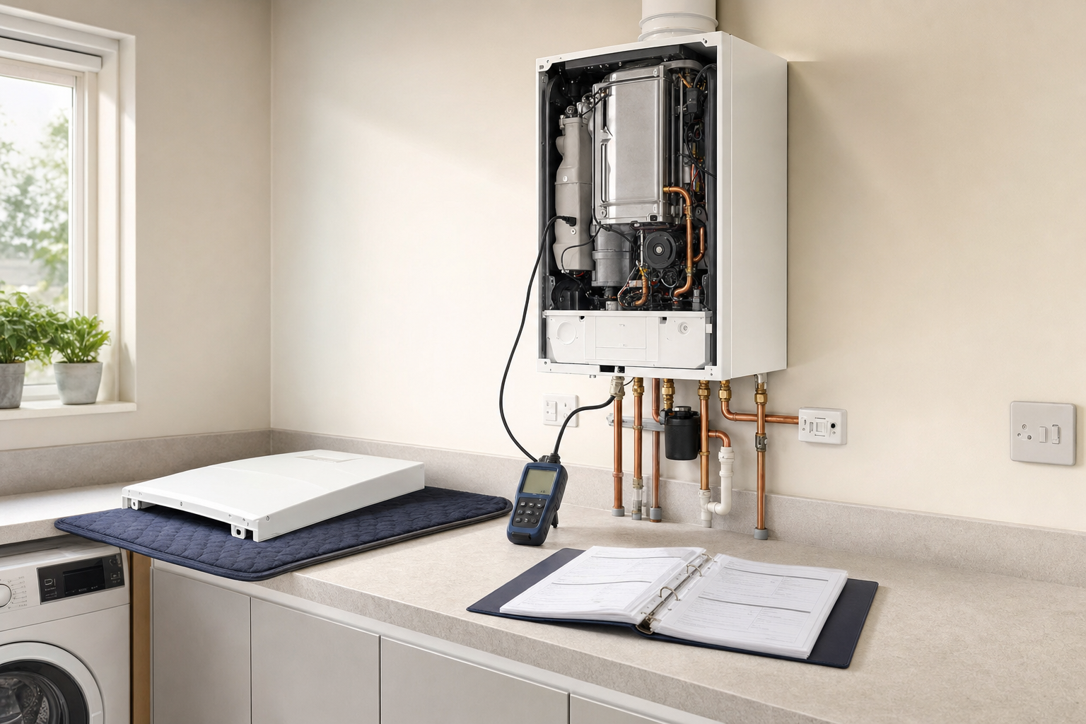 Open boiler panel on kitchen wall with diagnostic tool connected and manual on the counter.