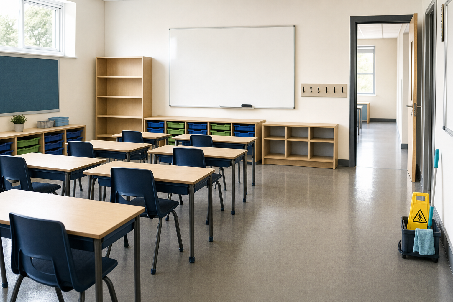 Empty classroom with wooden desks, blue chairs, storage units, a whiteboard, and cleaning supplies by the door.