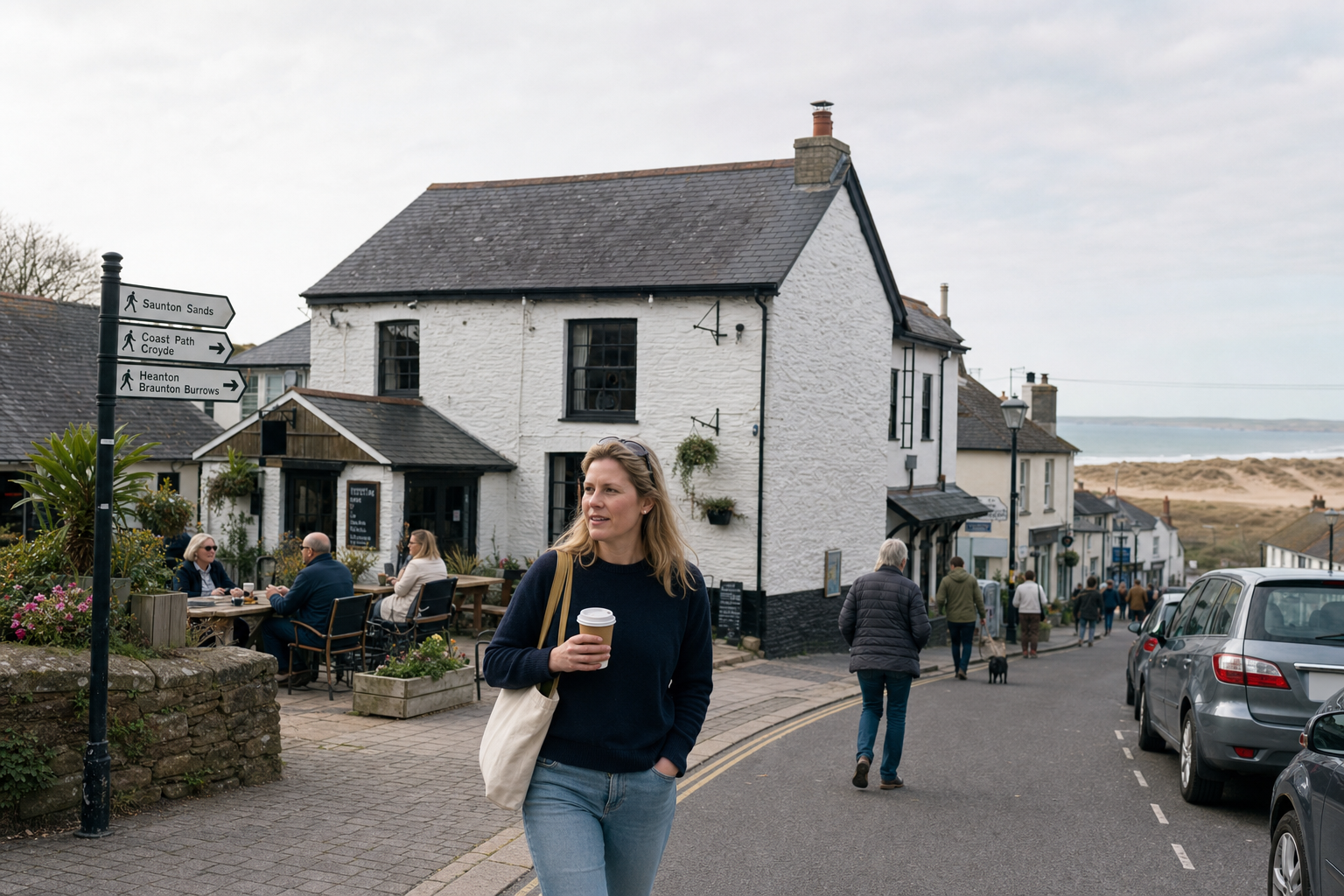 Woman holding a coffee cup walks past a cafe on a scenic coastal village street.