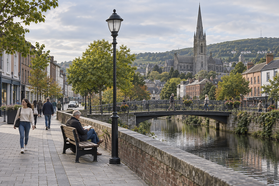 A scenic riverside walkway with people strolling and a historic cathedral in the background.