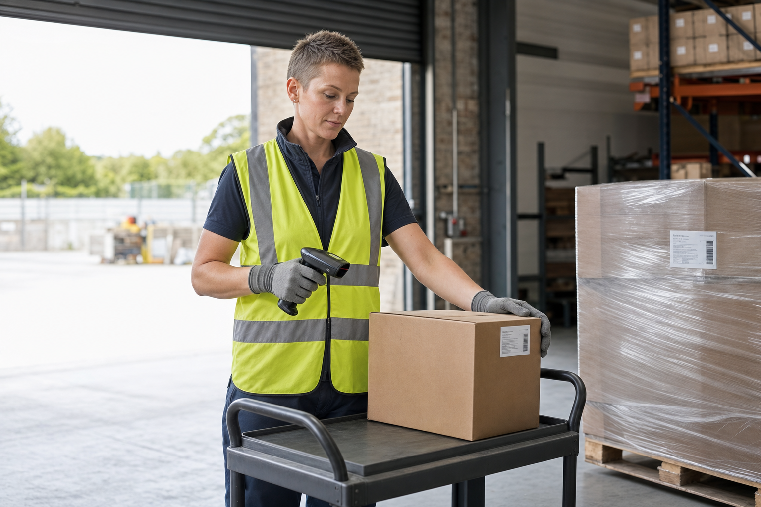 Warehouse worker scanning a box with a barcode scanner on a trolley.
