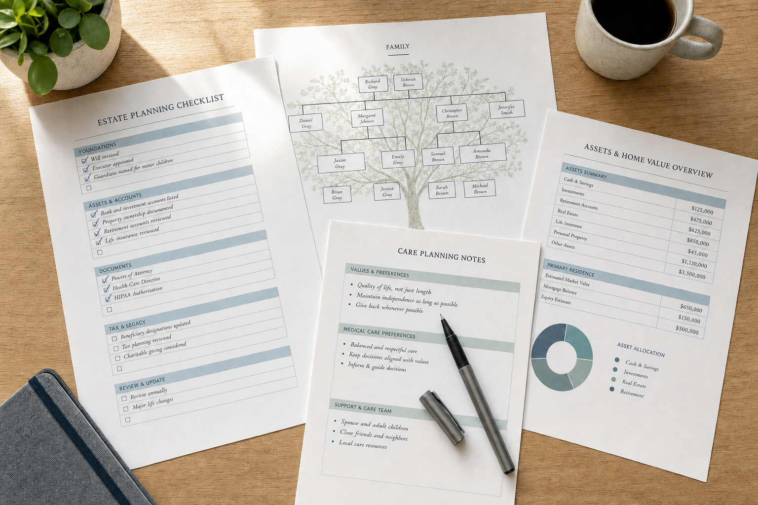 Estate planning documents and a family tree diagram accompanied by a pen and a cup of coffee on a wooden desk.