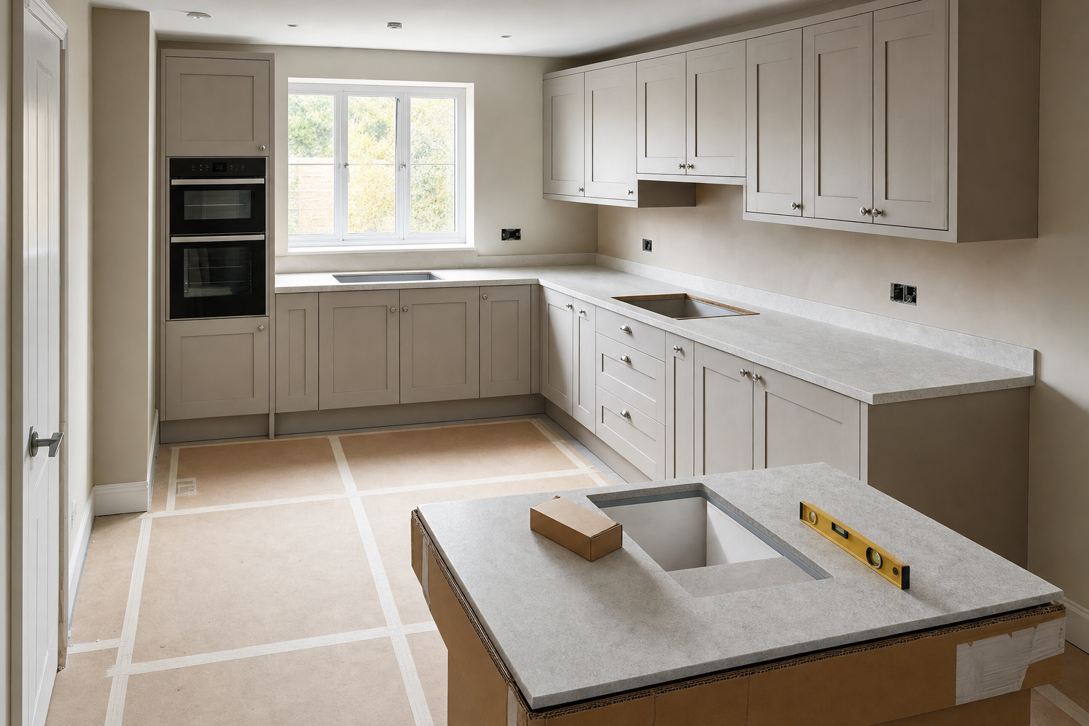 A modern kitchen under construction with grey cabinetry and a central island unit.