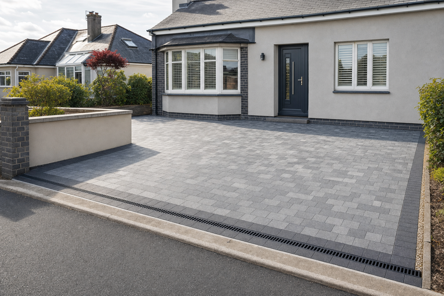 A modern grey block-paved driveway leading to a house with a bay window and black front door.
