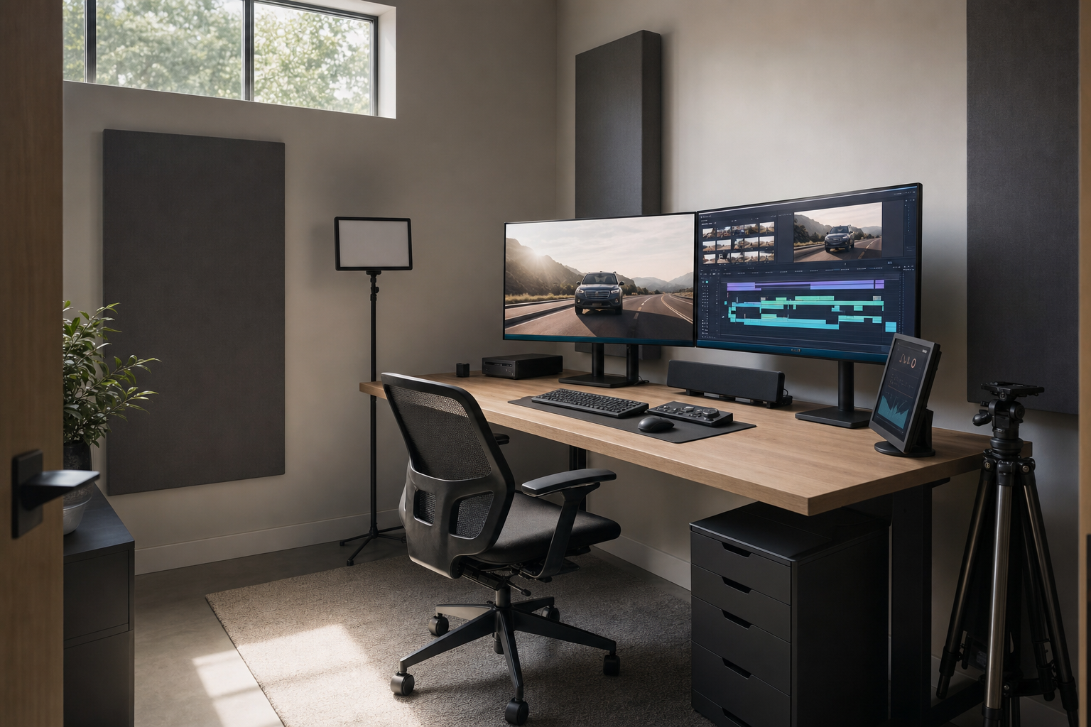 A modern video editing workspace with dual monitors, ergonomic chair, and professional lighting.