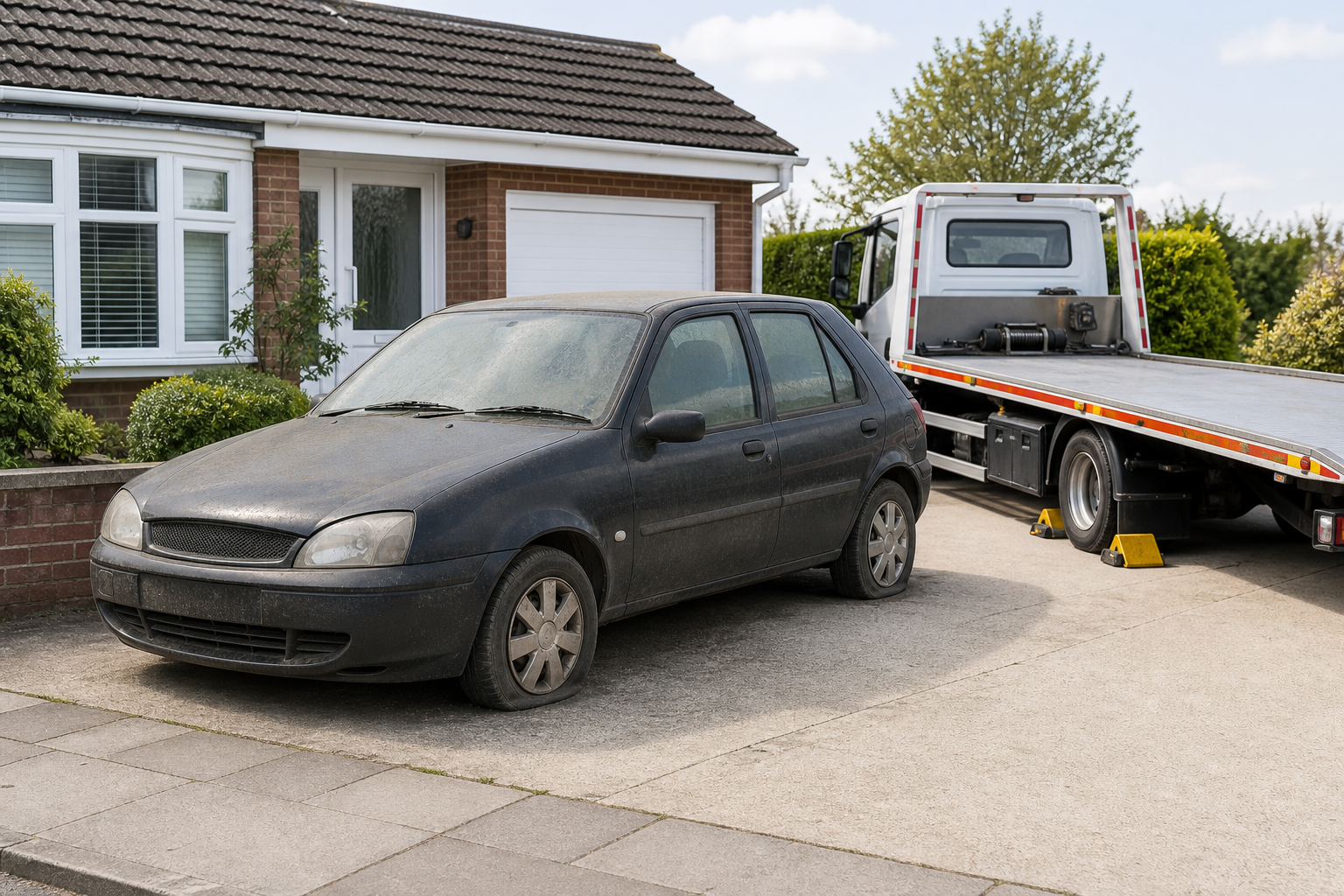 Dusty hatchback car parked next to a flatbed tow truck on a residential driveway.