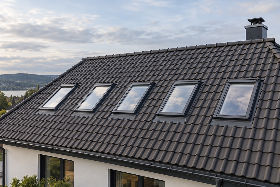 A house roof with dark tiles features six skylights reflecting a blue sky with clouds, set against a hilly landscape.