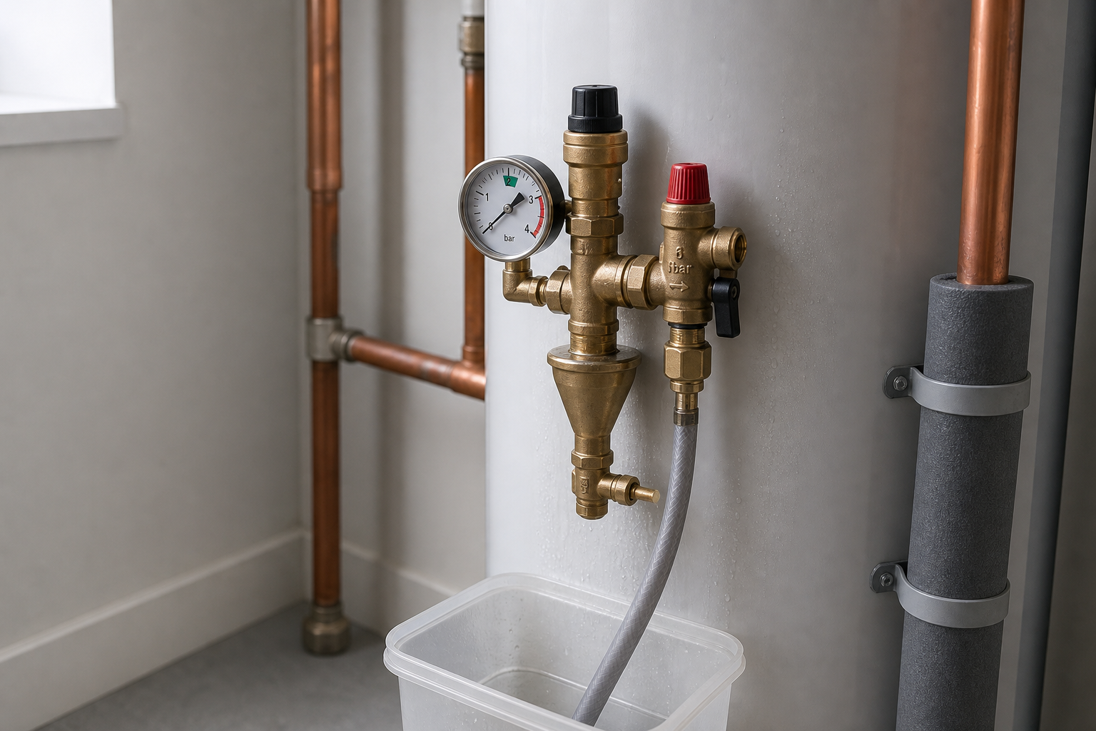 A brass boiler pressure valve system is connected to copper pipes and a plastic container.