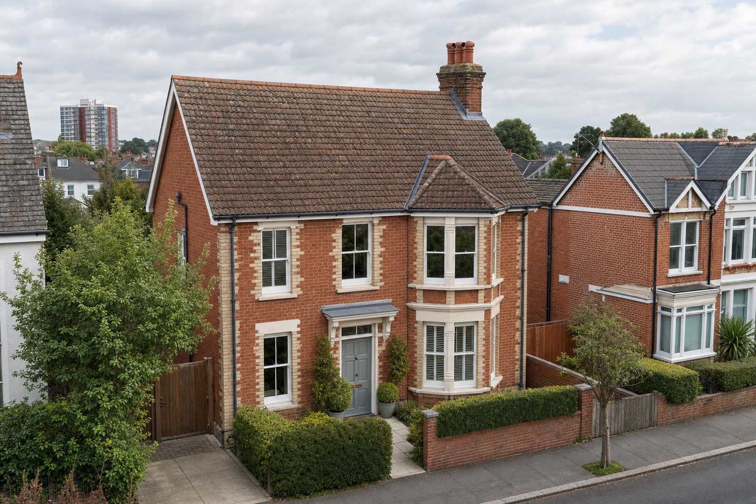 A brick Victorian-style house with a grey door and bay windows, surrounded by hedges and trees, in a suburban neighbourhood.