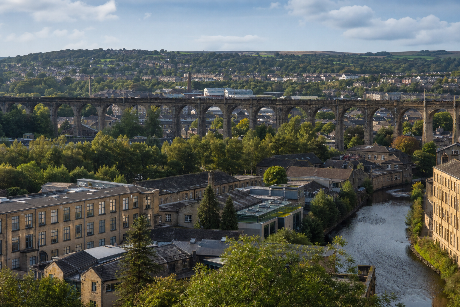 A historic viaduct spans a lush green valley, overlooking a river and surrounding buildings under a blue sky.
