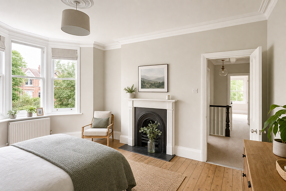Bright and airy bedroom with a light grey scheme, featuring a fireplace and a bay window overlooking a leafy street.