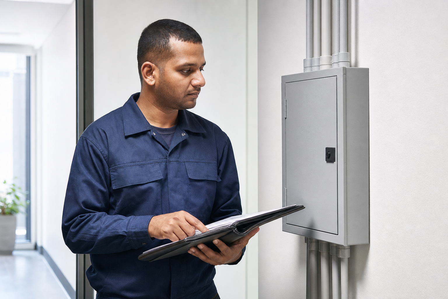 An electrician in a blue uniform examines a control panel while referencing a clipboard indoors.