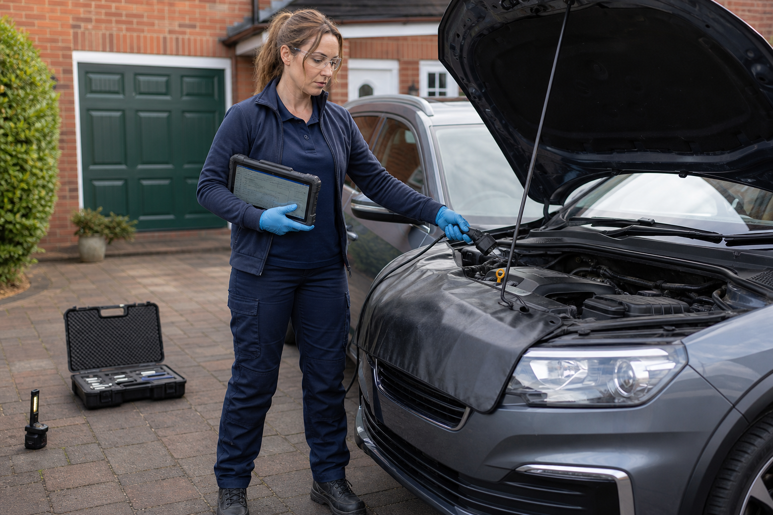 Mechanic inspects a car engine with a diagnostic tablet in a residential driveway.