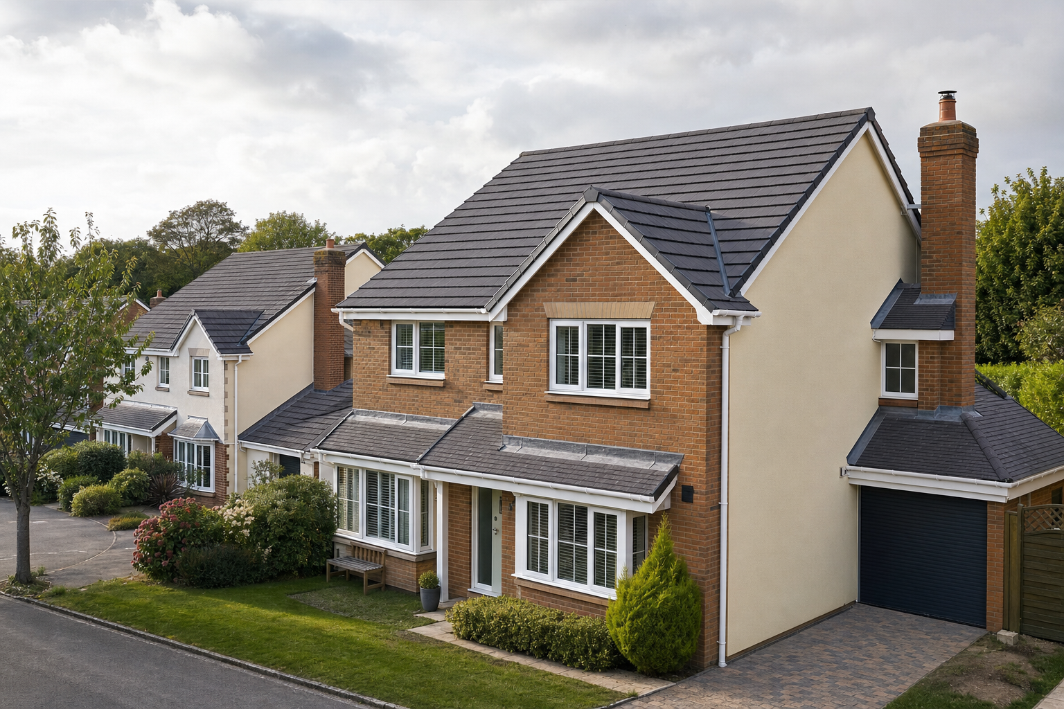 Modern suburban houses with brick facades, manicured gardens, and a tree-lined street under a cloudy sky.