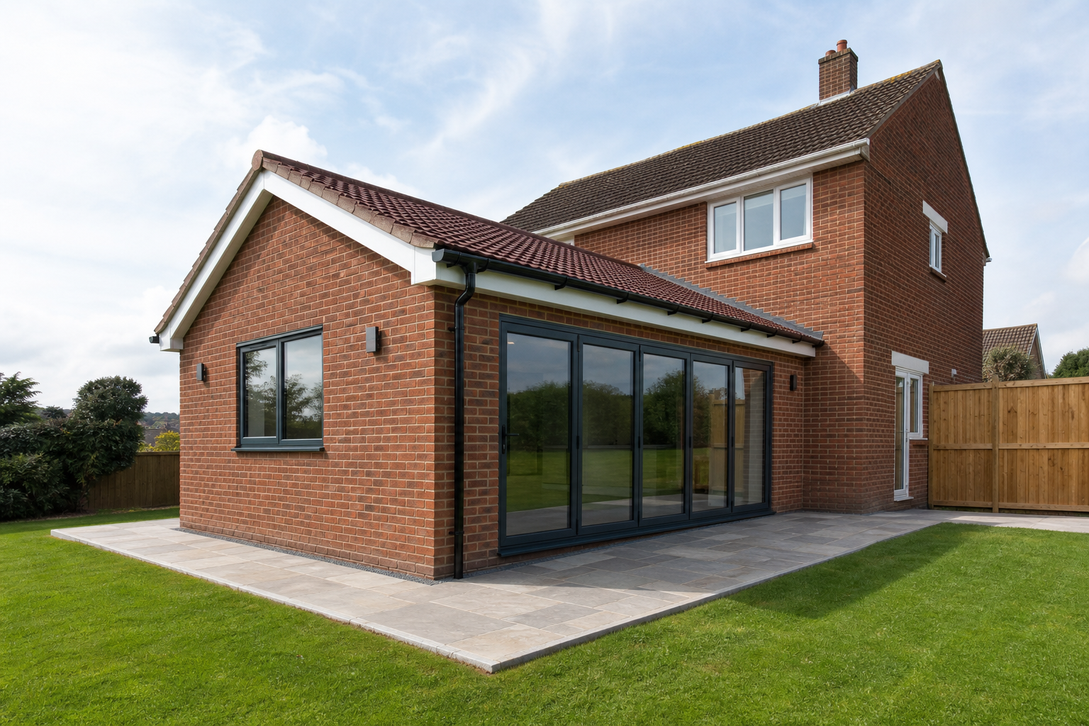 A modern red brick house with a glass-panelled extension, set in a grassy garden under a cloudy sky.