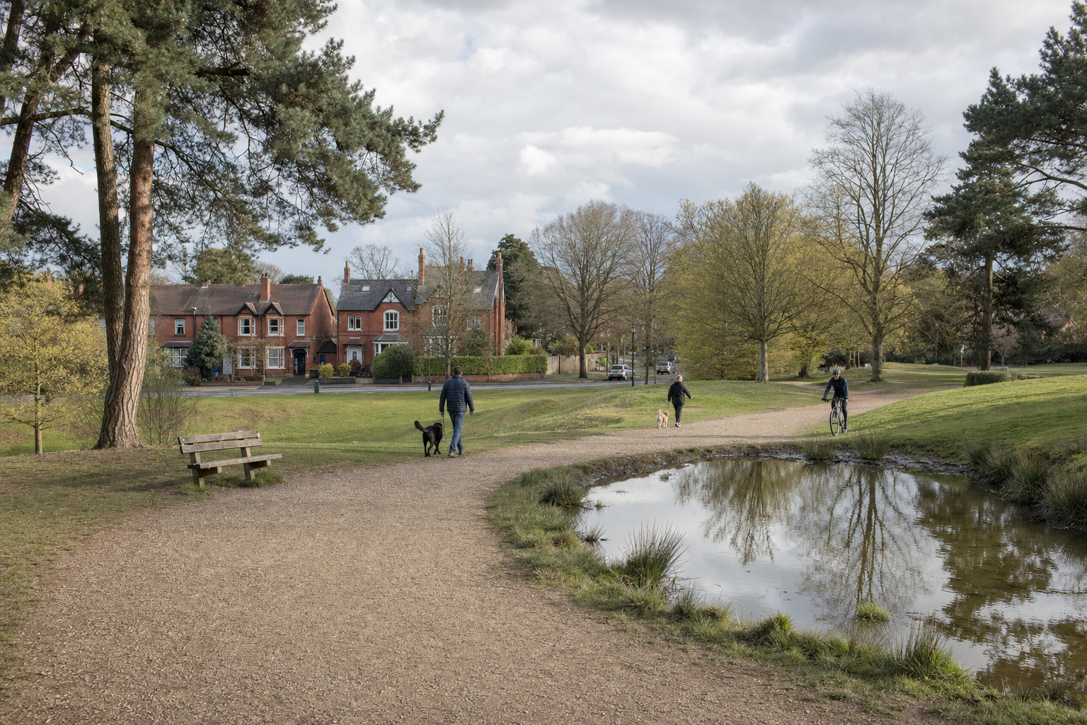 A path by a pond in a park with people walking dogs and cycling, set against a backdrop of red-brick houses and trees.