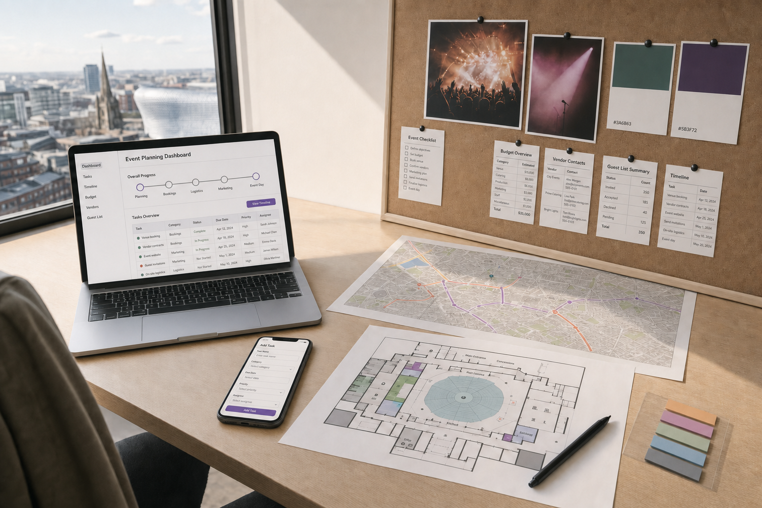 A desk with a laptop displaying an event planning dashboard, a smartphone, maps, and planning documents, overlooking a cityscape.