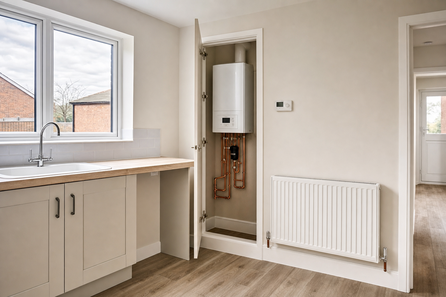 A modern kitchen with a wall-mounted boiler in an open cupboard beside a radiator.