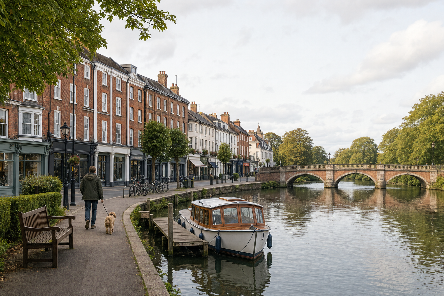 A person walks a dog along a riverside path with a docked boat, adjacent to a row of traditional buildings and a bridge.