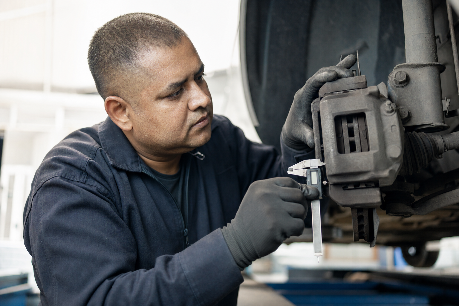 Mechanic using a digital caliper to measure a vehicle's brake disc thickness in a garage.