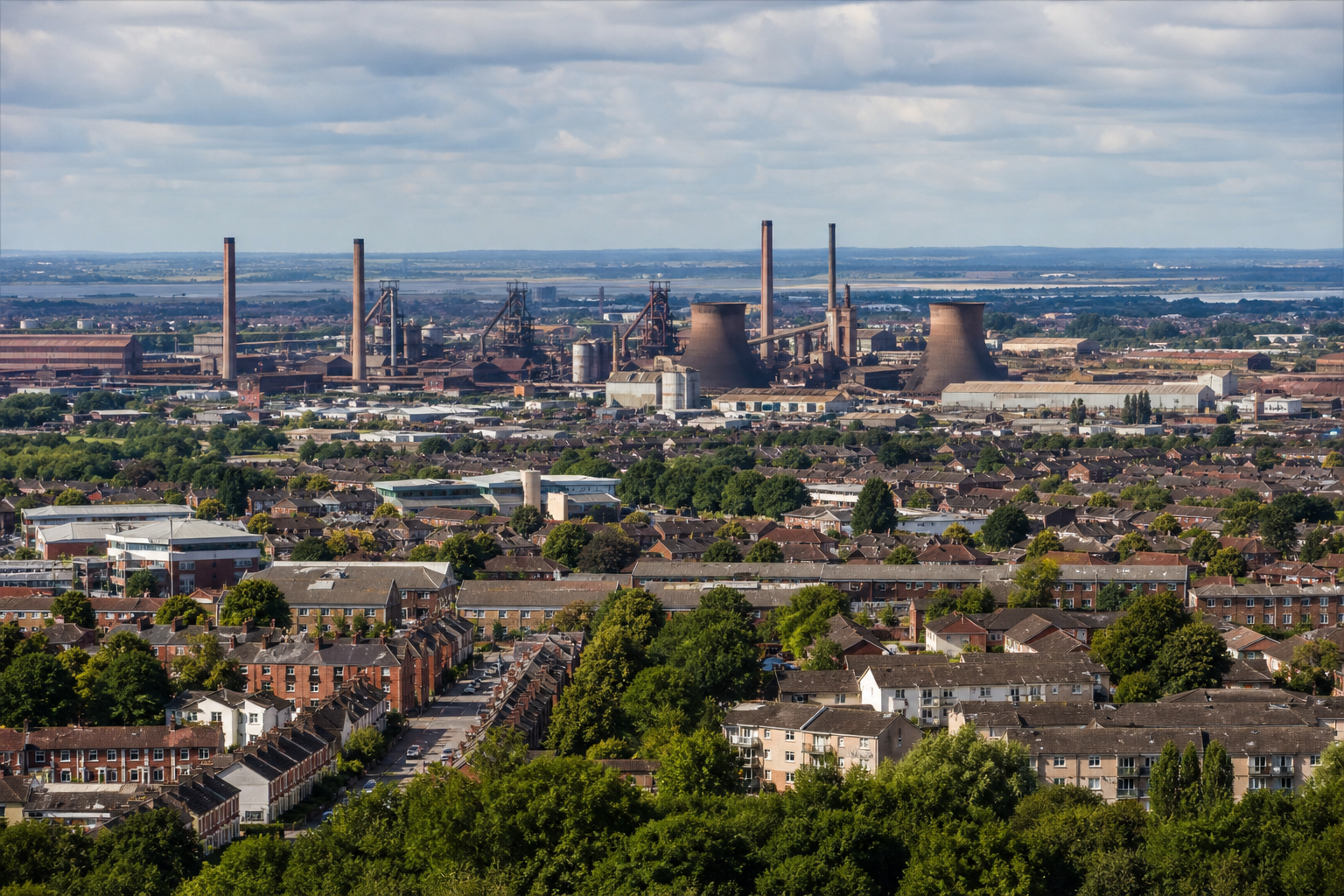 Industrial skyline with chimneys and cooling towers behind a residential neighborhood under a cloudy sky.