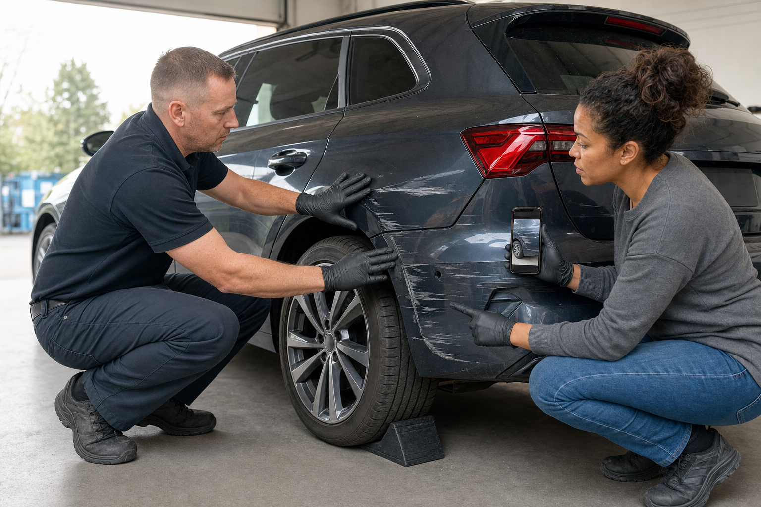Two people in a garage inspecting scratches on a car's rear, with one person taking photos.