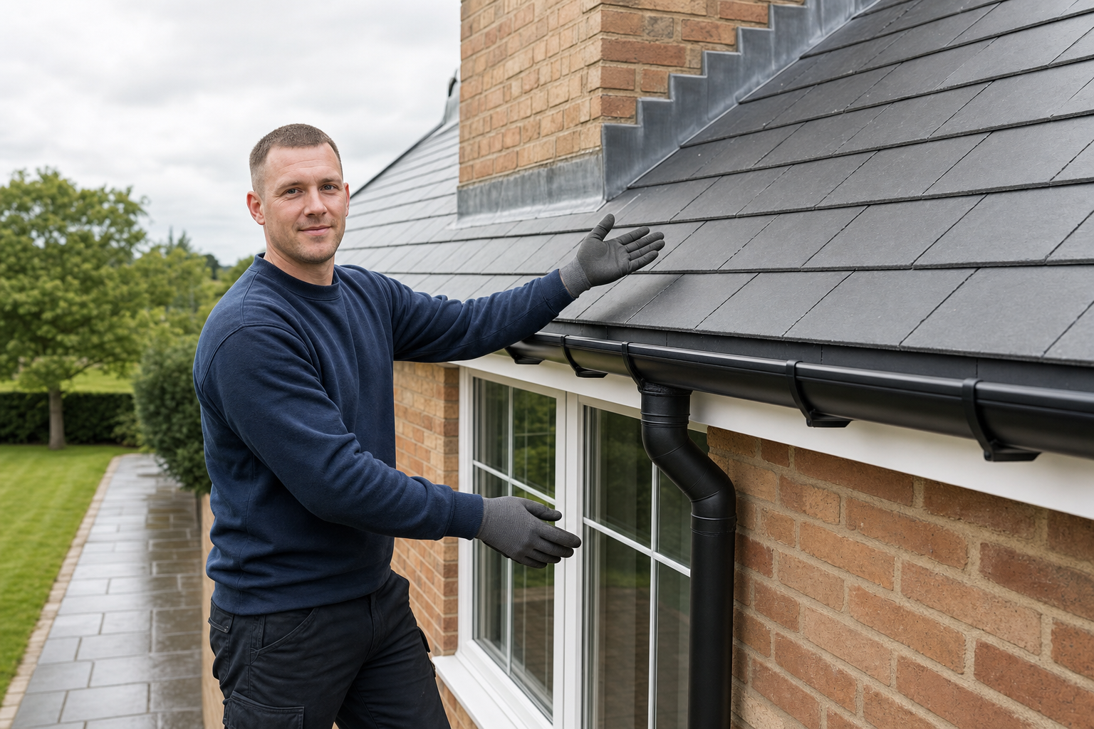 Man in gloves inspecting a house roof and guttering system.