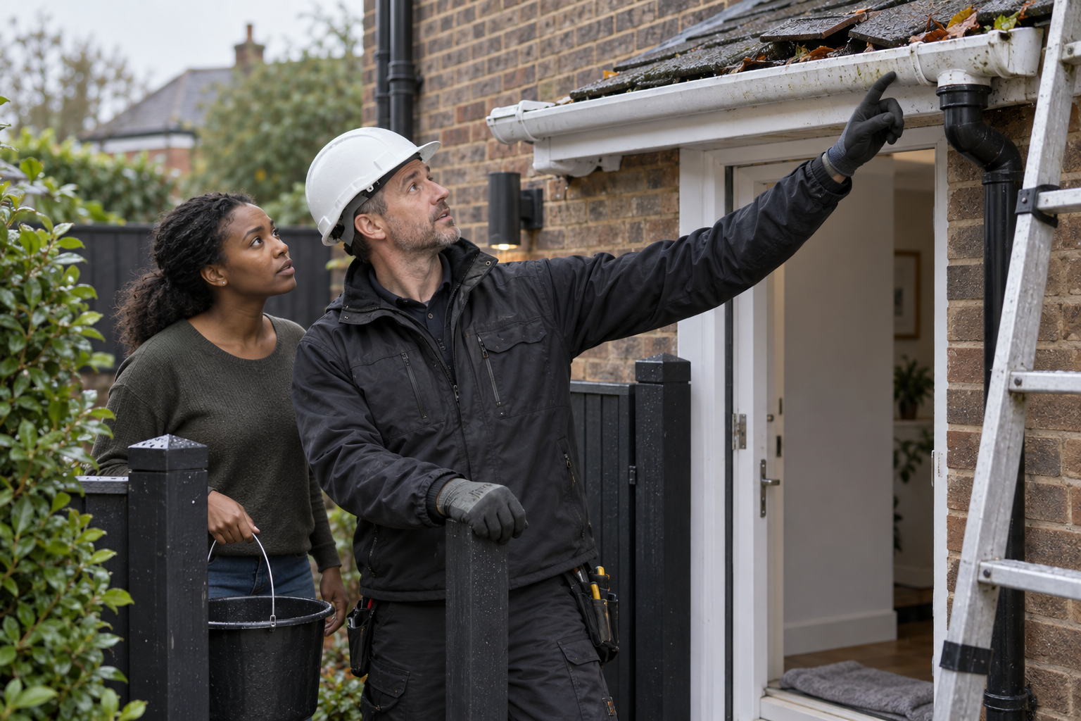 A builder points at a house gutter while discussing repairs with a woman holding a bucket.