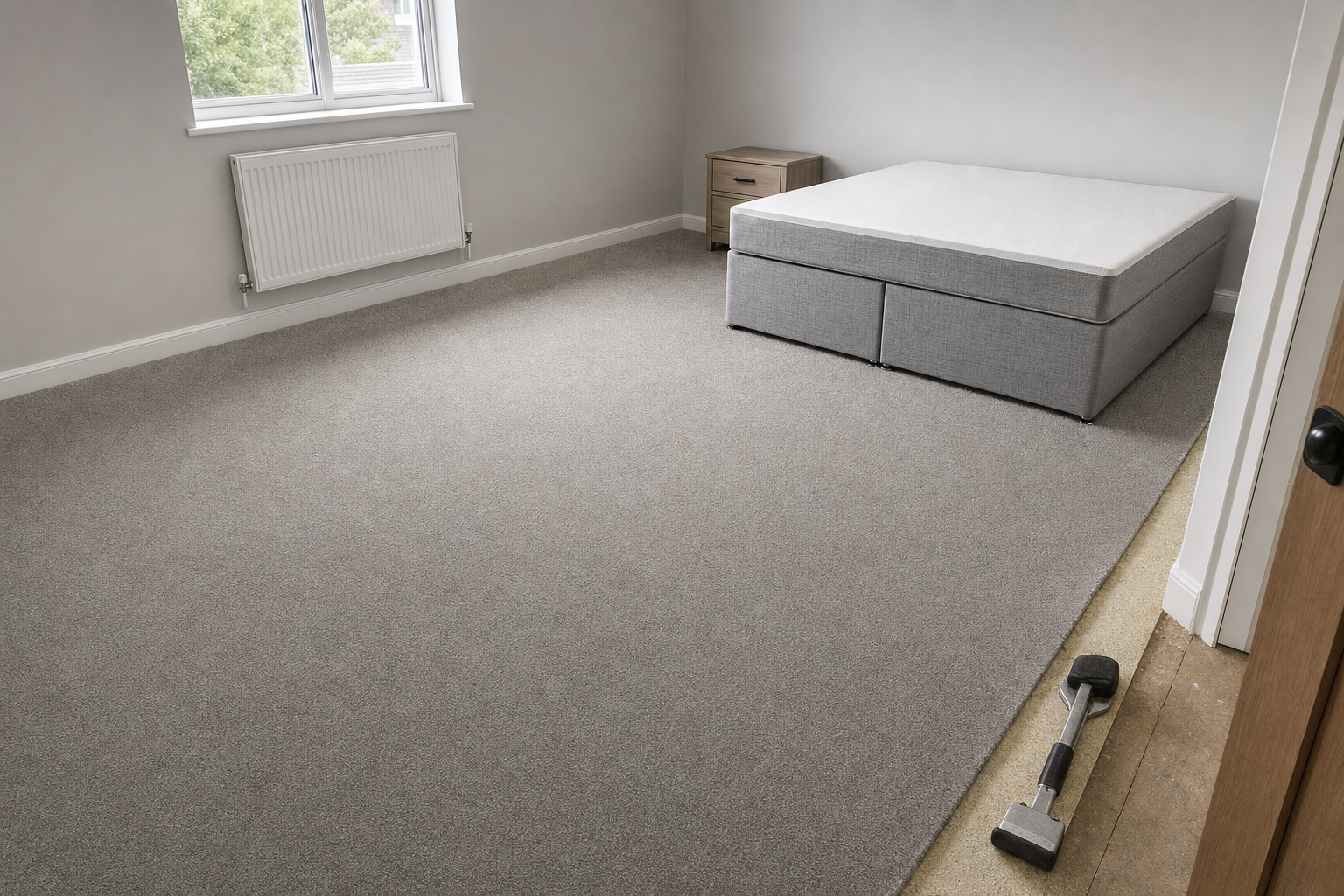 Grey carpet installation in an unfurnished room with a small bed and a knee kicker tool on the floor.