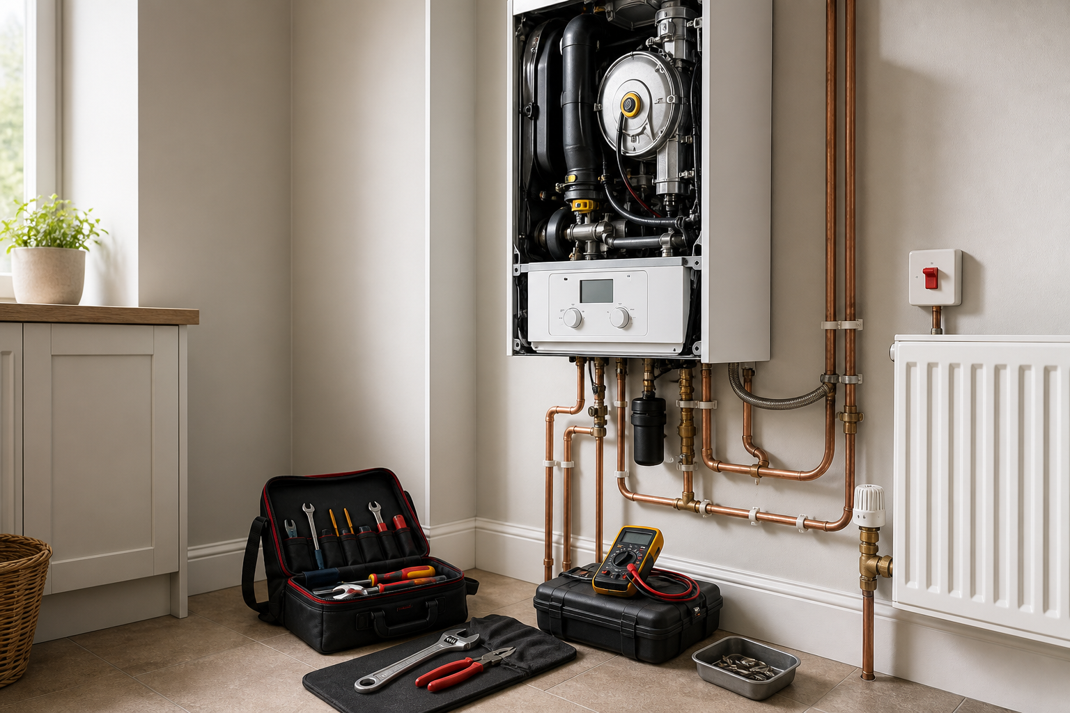 Open boiler with copper pipes, surrounded by maintenance tools and a toolbox in a utility room.