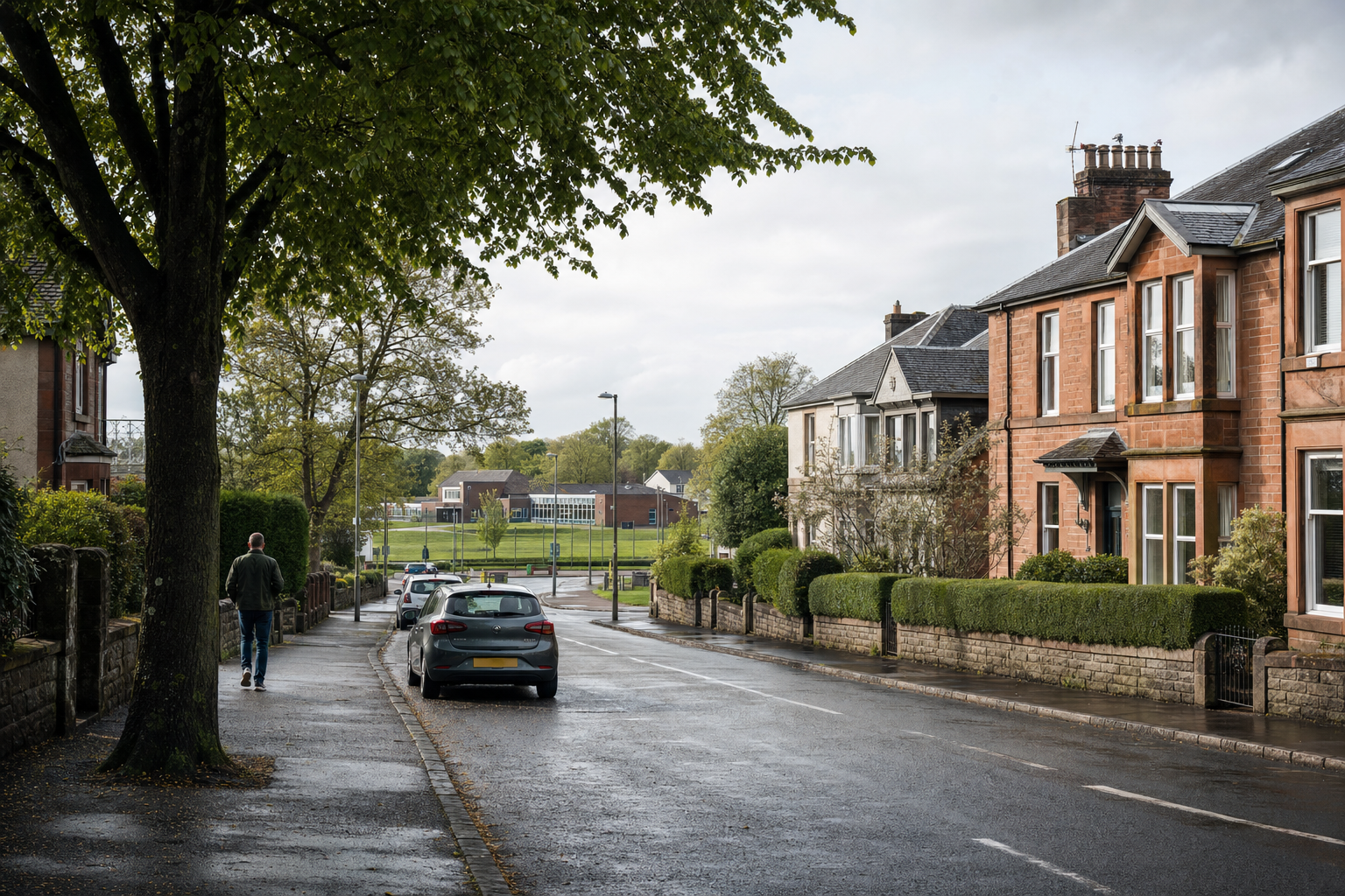 A man walks along a wet suburban street lined with parked cars and red-brick houses, with a park in the background.